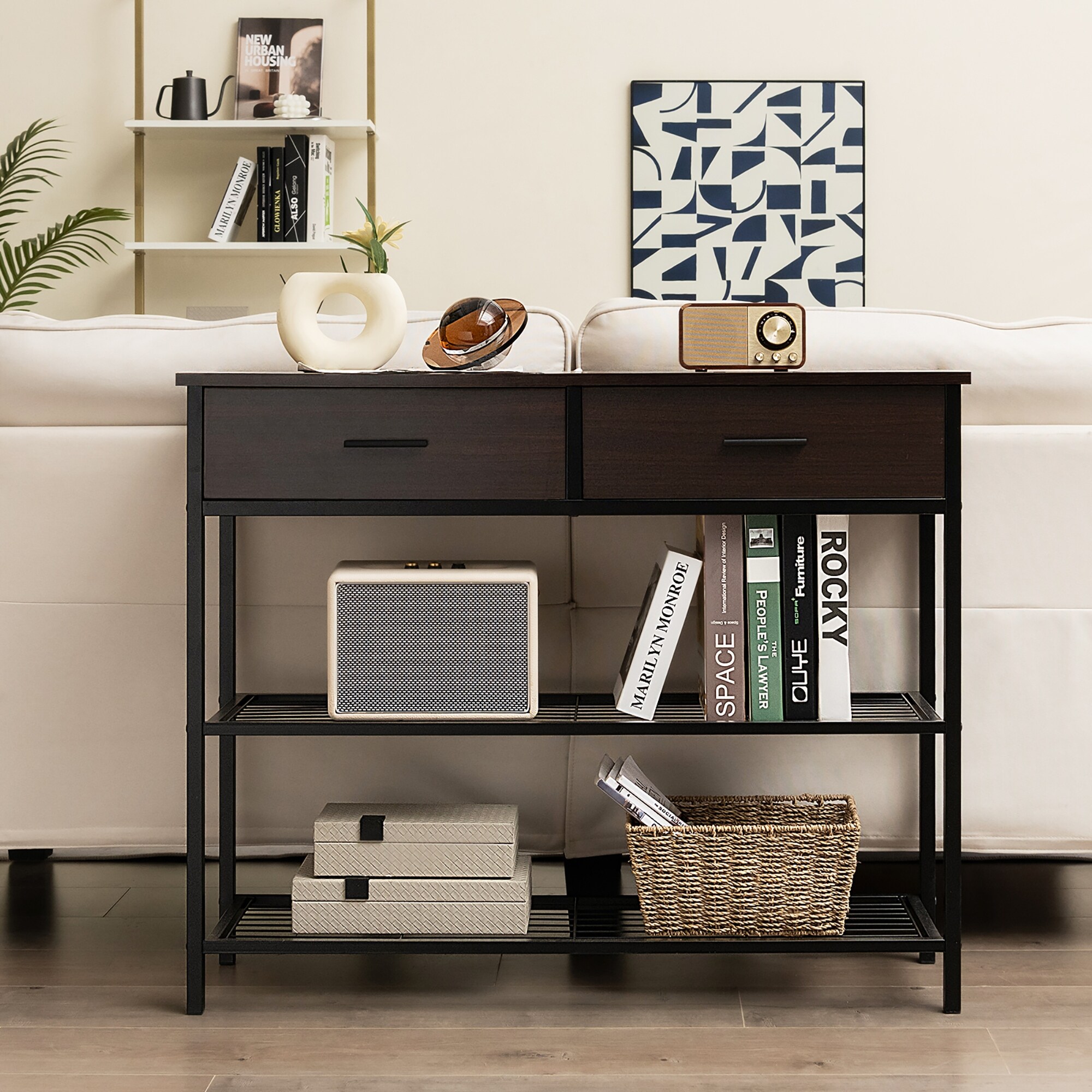 Console Entryway Sofa Table with 2 Drawers Black Walnut