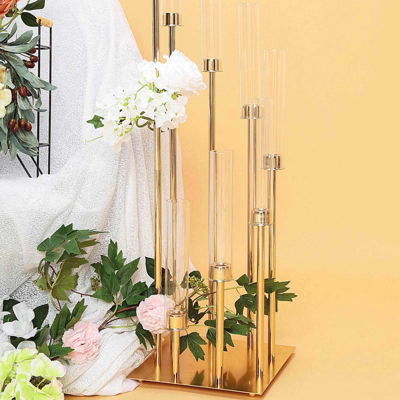 Gold 8 Arm Cluster Taper Candle Holder With Clear Glass Shades, Large Candle Arrangement 42