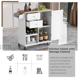 White Rubber Wood Top 41.3 in. W Kitchen Island on 4-Wheels with 2-Drawers and Large Storage Cabinet VJ033KIsland17