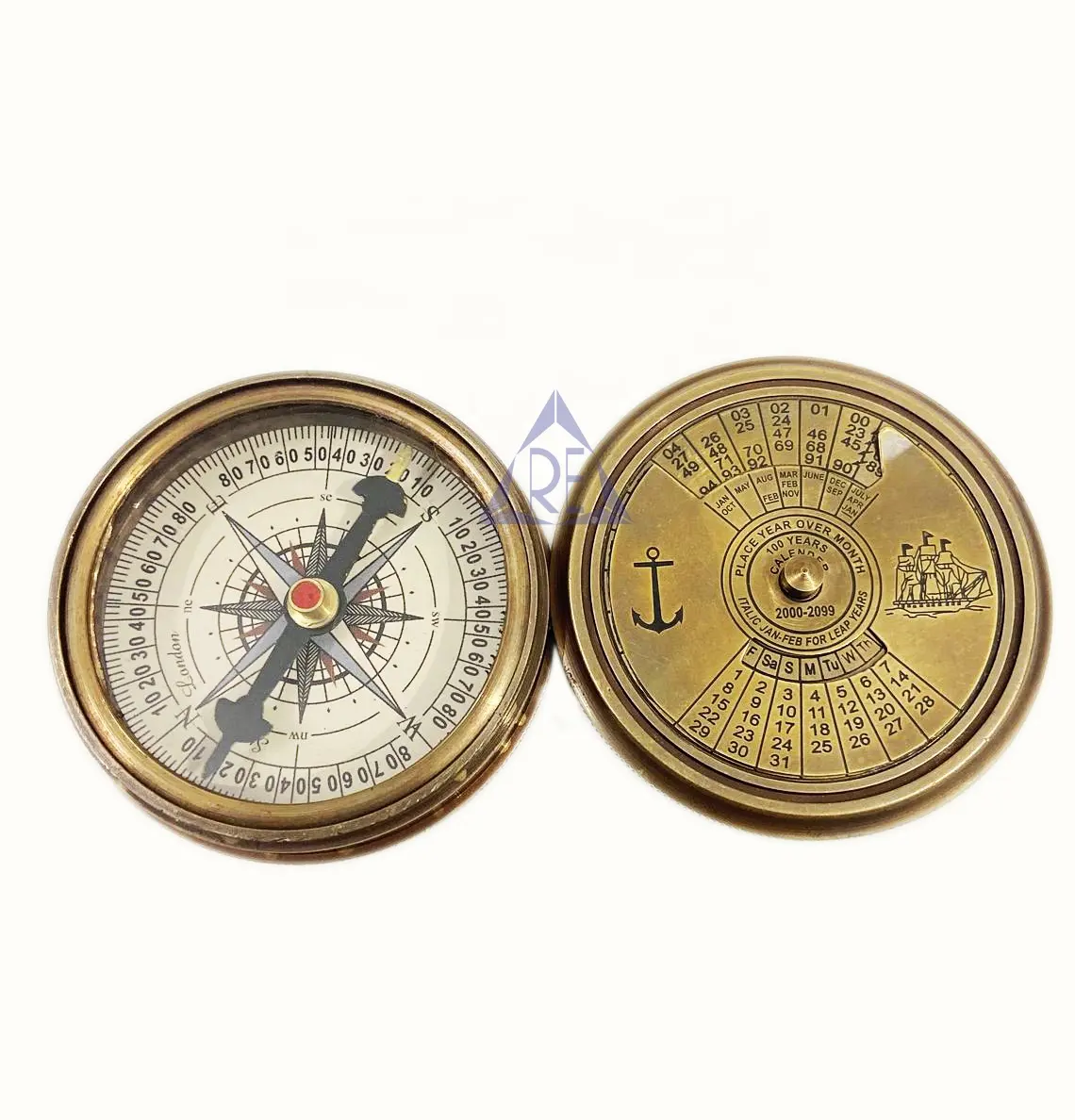 Brass Unique Calendar Sundial Compass with Leather Case  Handmade Gift Functional Compass Gift birthday gift