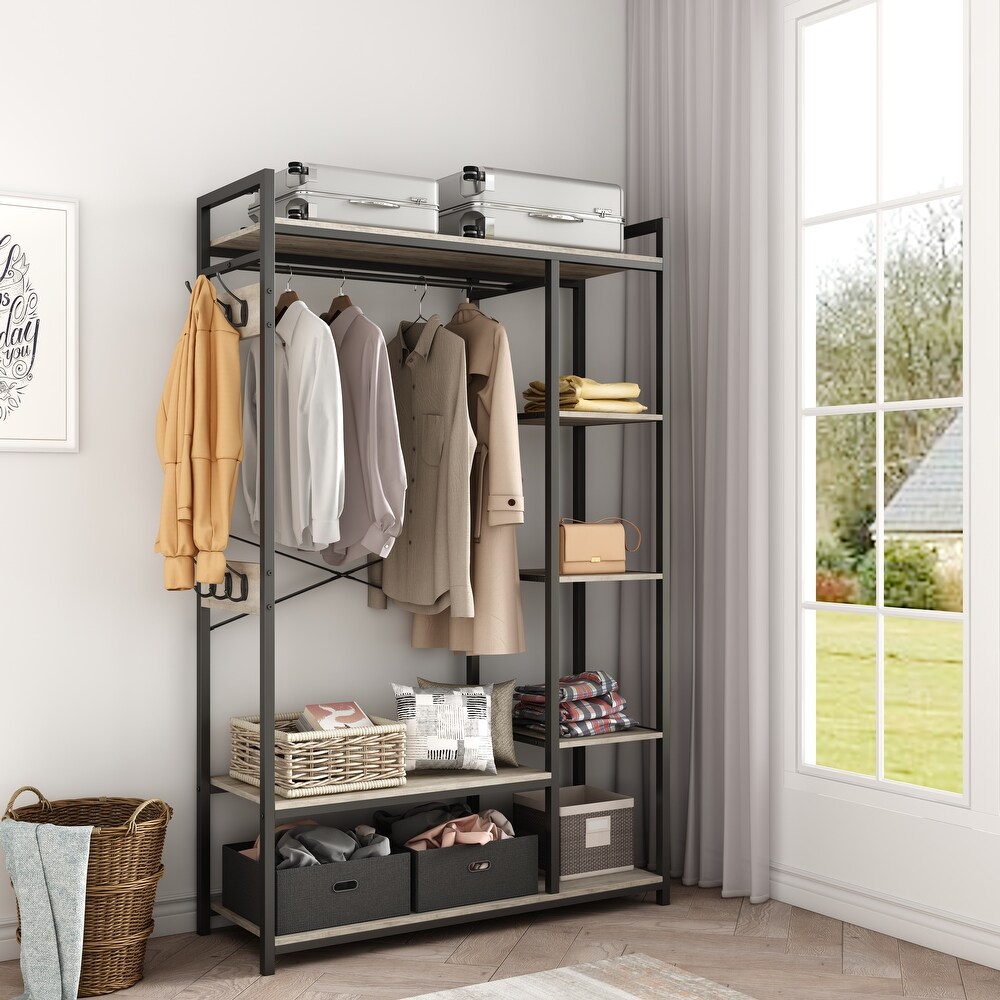 Free Standing Closet Organizer  Portable Garment Rack with Open Shelves and Hanging Rod  Black Metal Frame