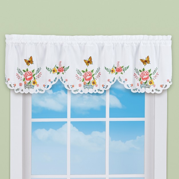 Collections Etc Embroidered Butterfly Bloom Scalloped Edge Window Valance White