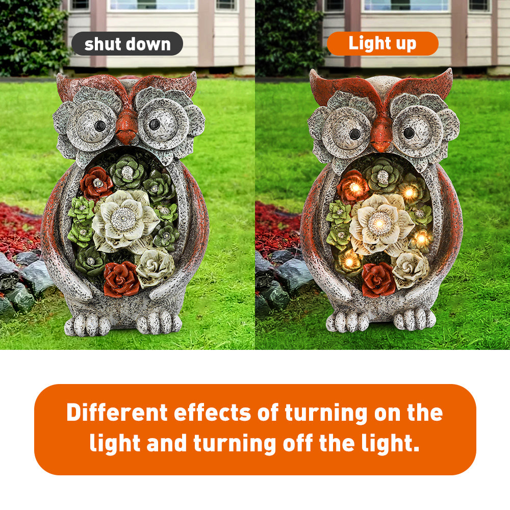 Garden Statue Owl Figurine - Resin Statue with Solar LED Lights for Patio Yard Art Decor, Lawn Ornaments, Indoor Outdoor Decorations