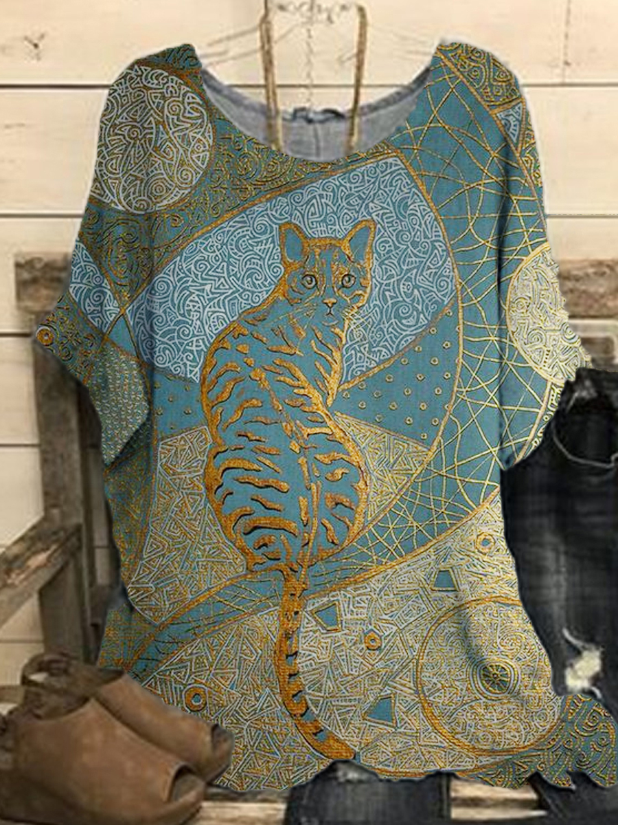 Womens  Short-sleeved Round Neck Cat Printing Blouse