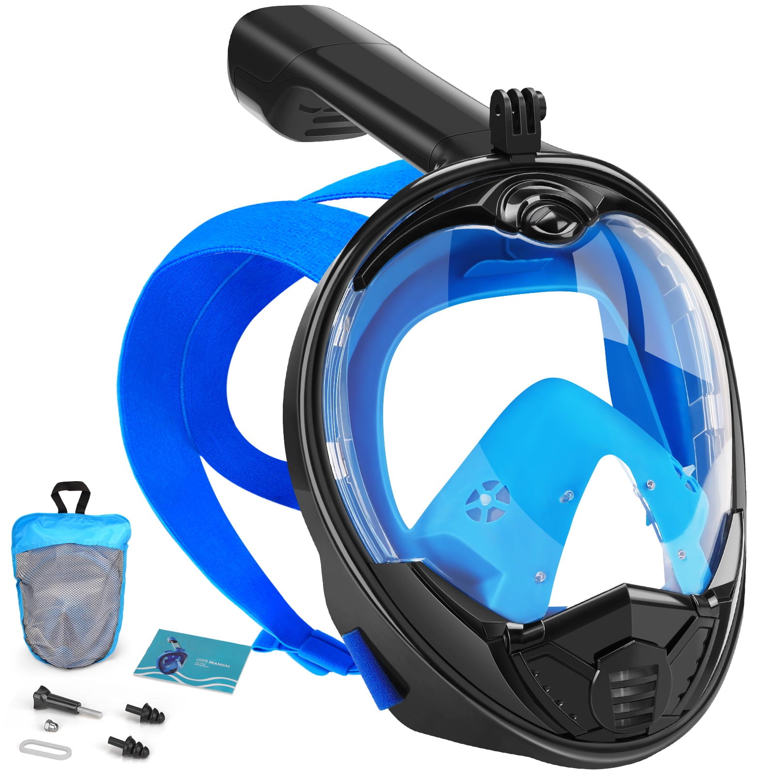 Full Face Snorkel Mask-Diving Mask with 180 Panoramic View Easy Breath， Anti-Fog and Anti-Leak， Detachable Camera Mount Dual Snorkeling Gear Perfect for Diving and Swimming Black+Blue L/XL