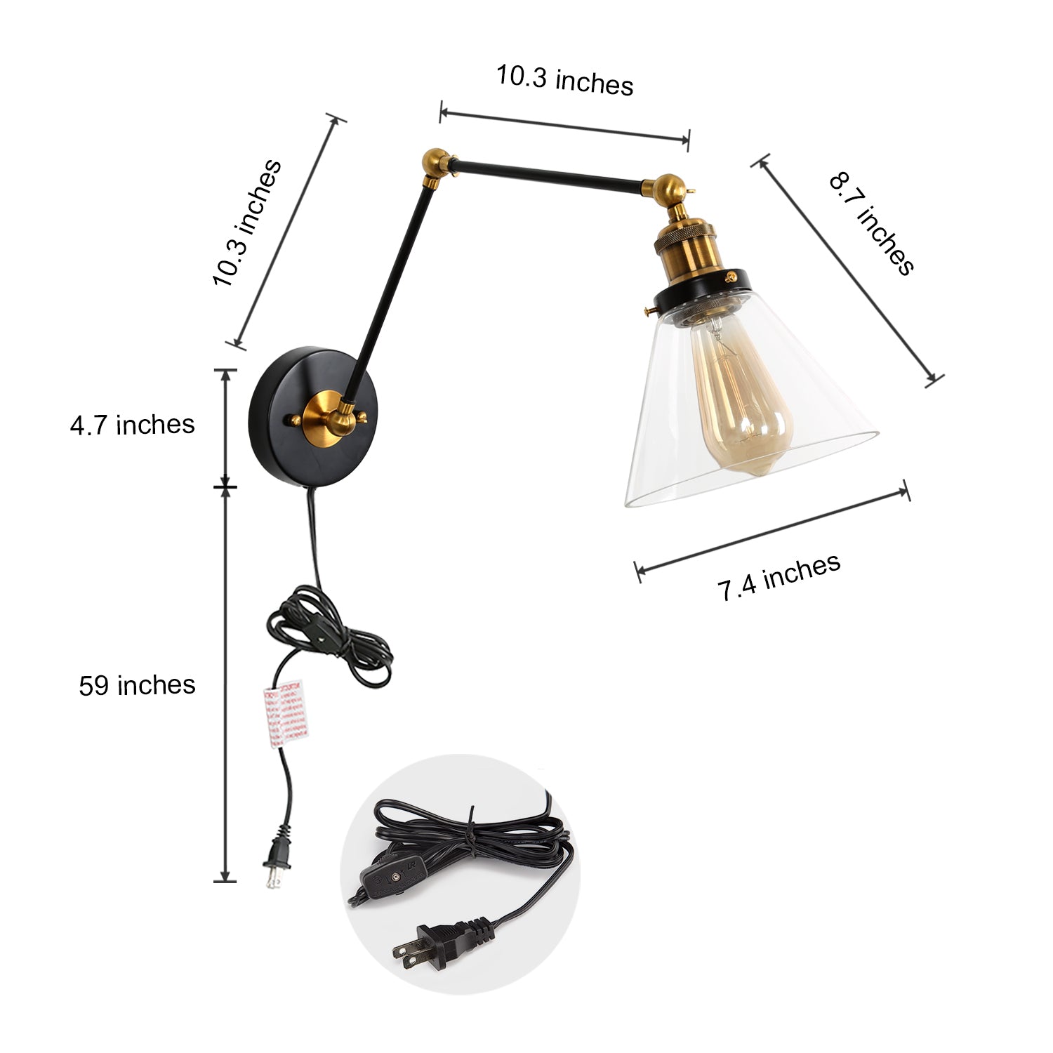 LNC Adjustable Outdoor Wall Lighting & Indoor Plug-in Wall Lamp Wall Sconces Clear Glass Sconces Black and Gold