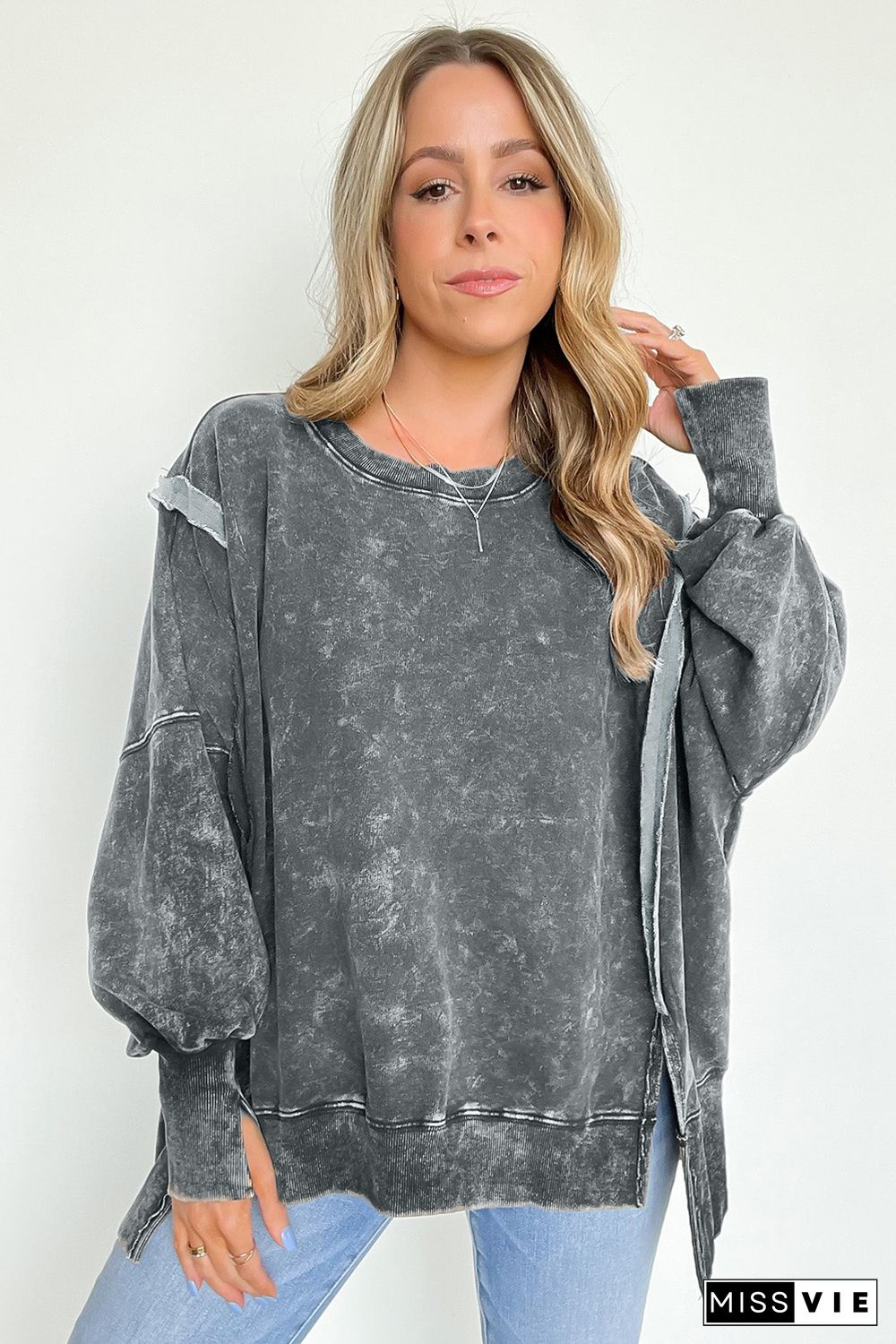 Gray Acid Wash Relaxed Fit Seamed Pullover Sweatshirt with Slits