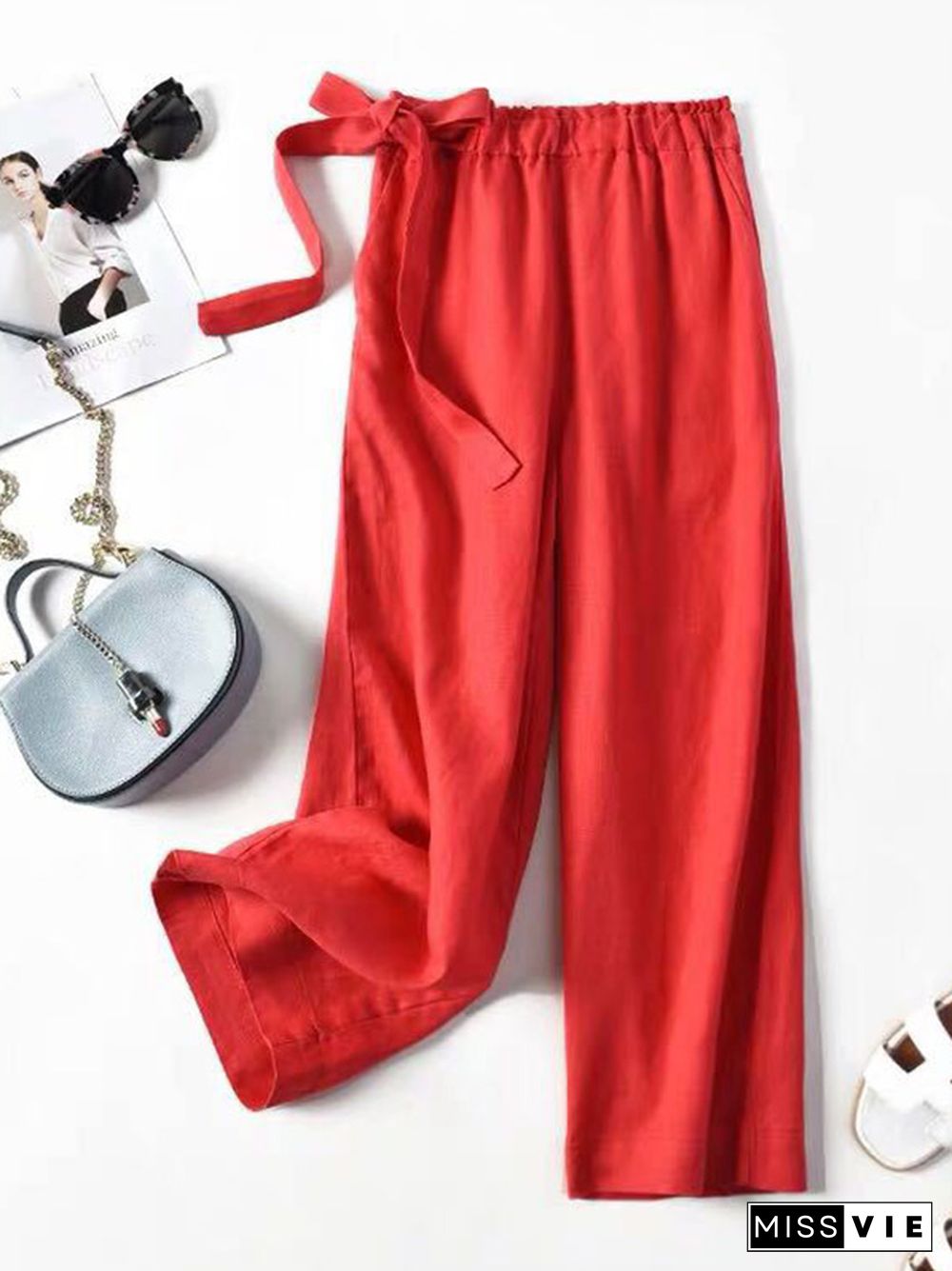 Simple Ramie Cotton Solid Color Loose Ninth Wide-Leg Pants