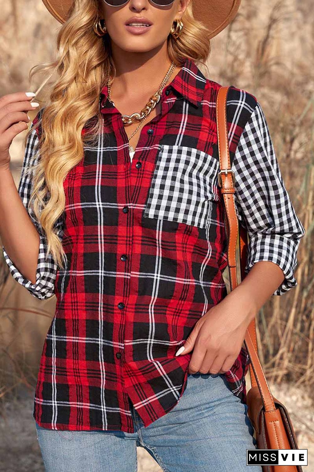 Colorblock Plaid Patched Pocket Button Front Shirt