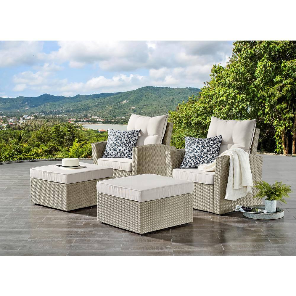 Alaterre Furniture Canaan Beige AllWeather Wicker Outdoor Square Ottoman with Cream Cushion