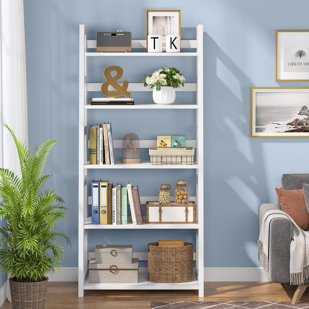 BYBLIGHT 56.5 in. White Wood 5-Shelf Ladder Bookcase Modern Bookshelf with 5-Tier Shelves BB-C0262GX