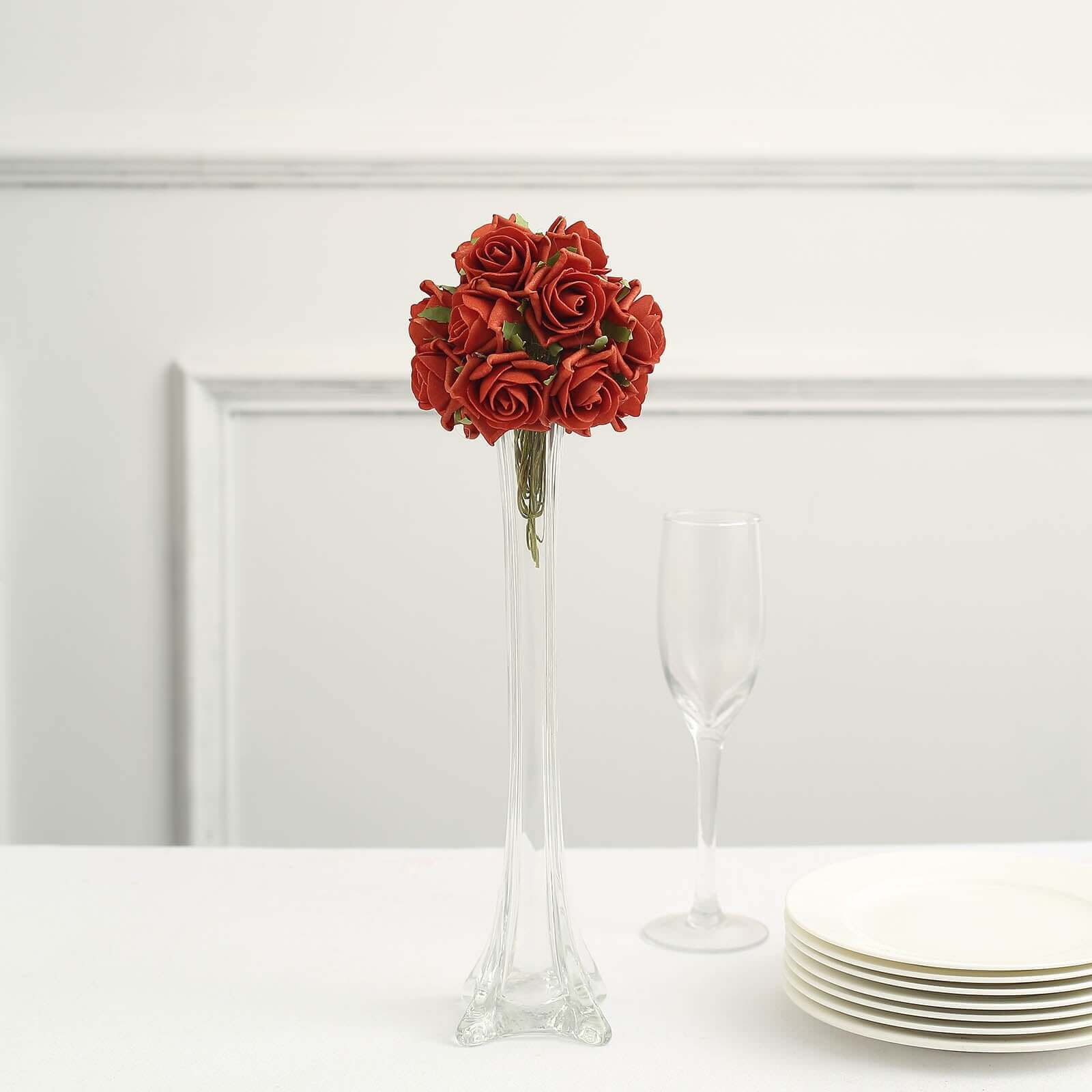 24 Roses Terracotta (Rust) Artificial Foam Flowers With Stem Wire and Leaves 2