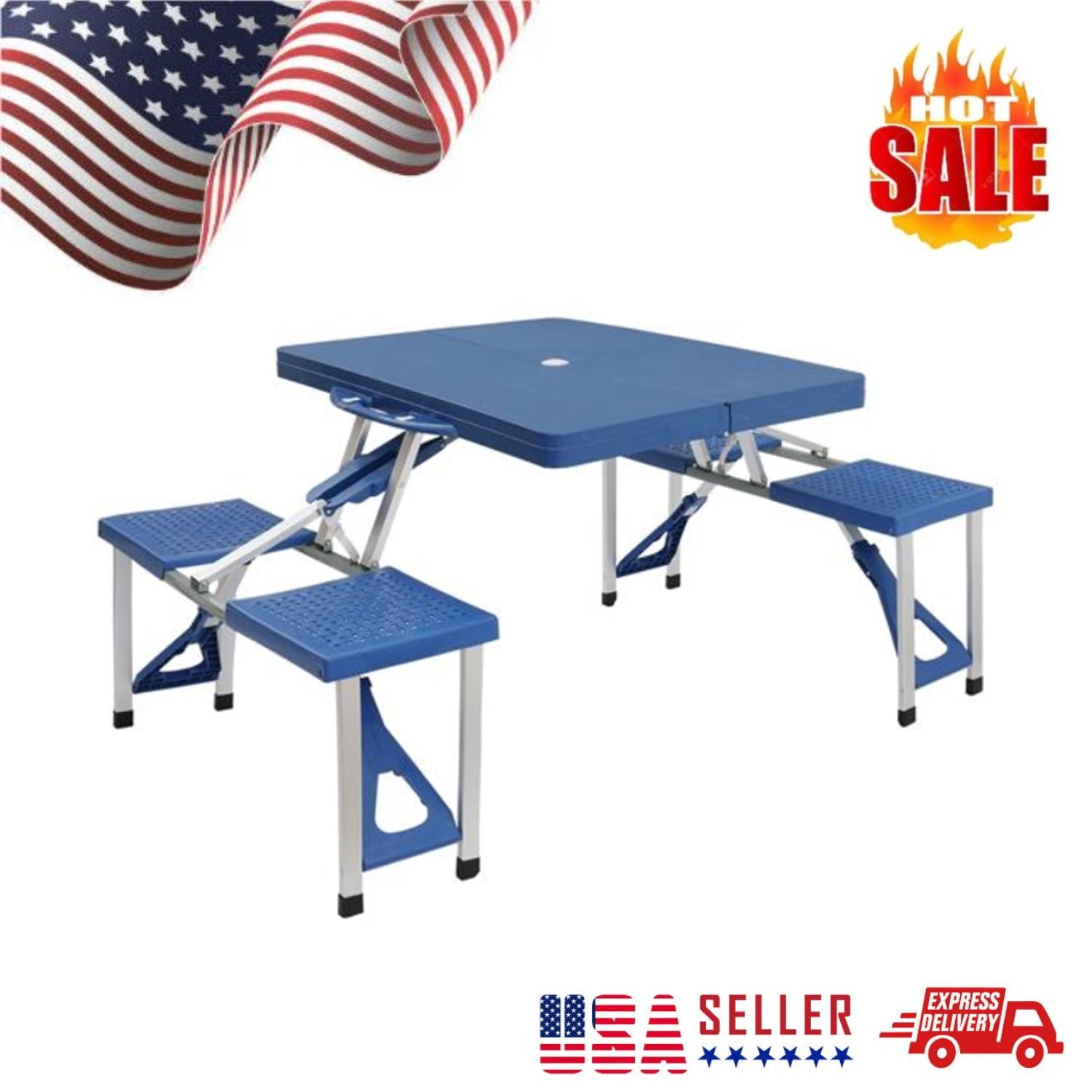 Folding Aluminum Picnic Table Chair Set， 4-Seat Outdoor Furniture with Portable Suitcase， Umbrella Hole， Handle for Camping Dining BBQ