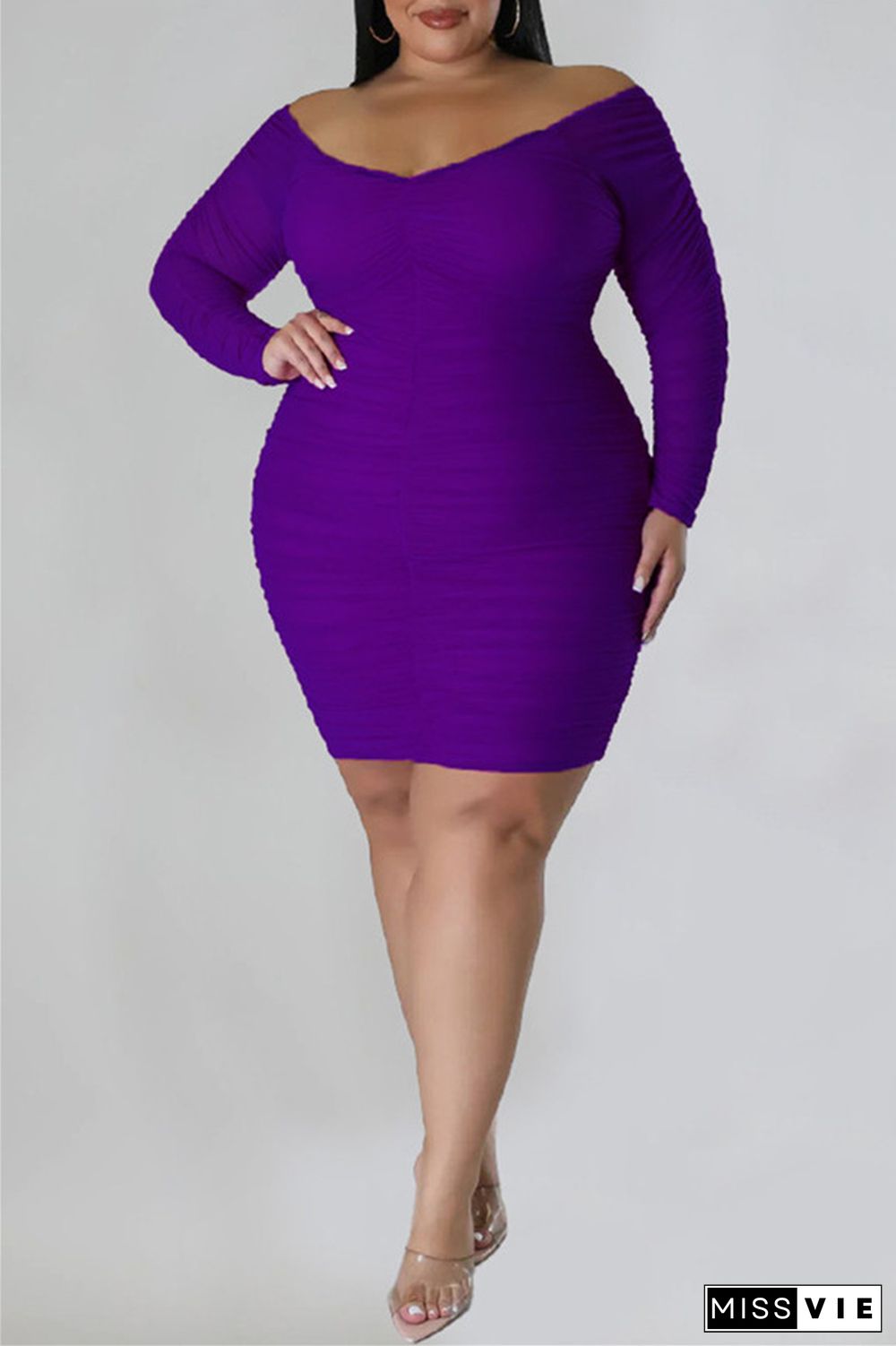 Casual Solid Basic V Neck Long Sleeve Plus Size Dresses