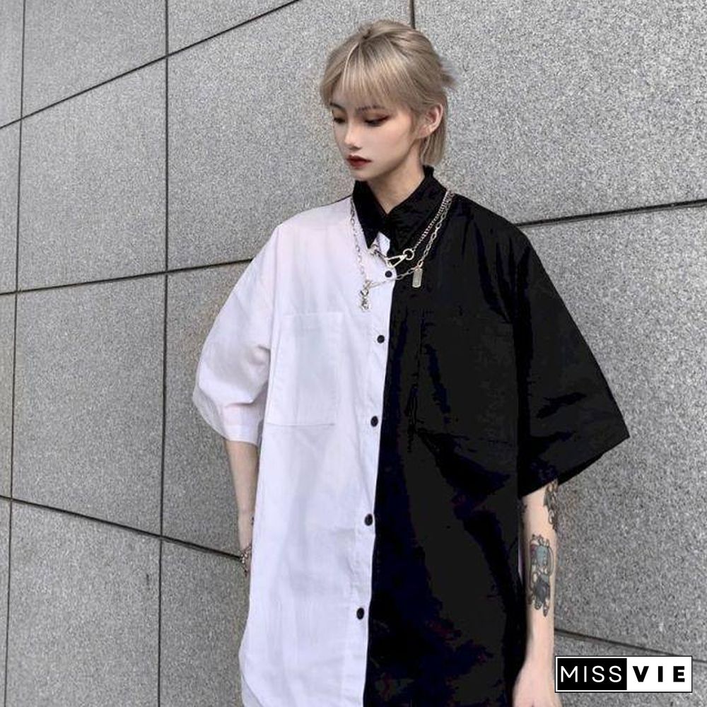 NiceMix gothic patchwork women blouses black and white shirts bf women clothes vintage summer tops shirt plus size couple blouse