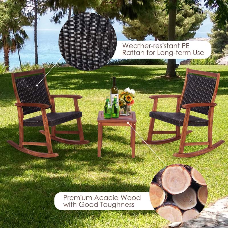 3 Pcs Acacia Wood Patio Rocking Chair Set with Side Table, Rattan Wicker Outdoor Rocking Bistro Set