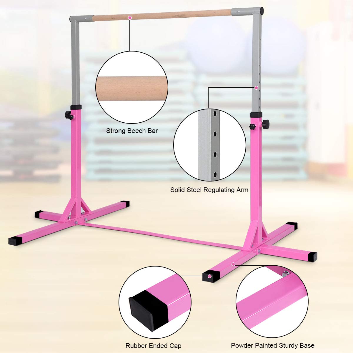 Gymnastic Training Bar, 3' to 5' Height Adjustable 1-4 Levels Exercise Kip Bar