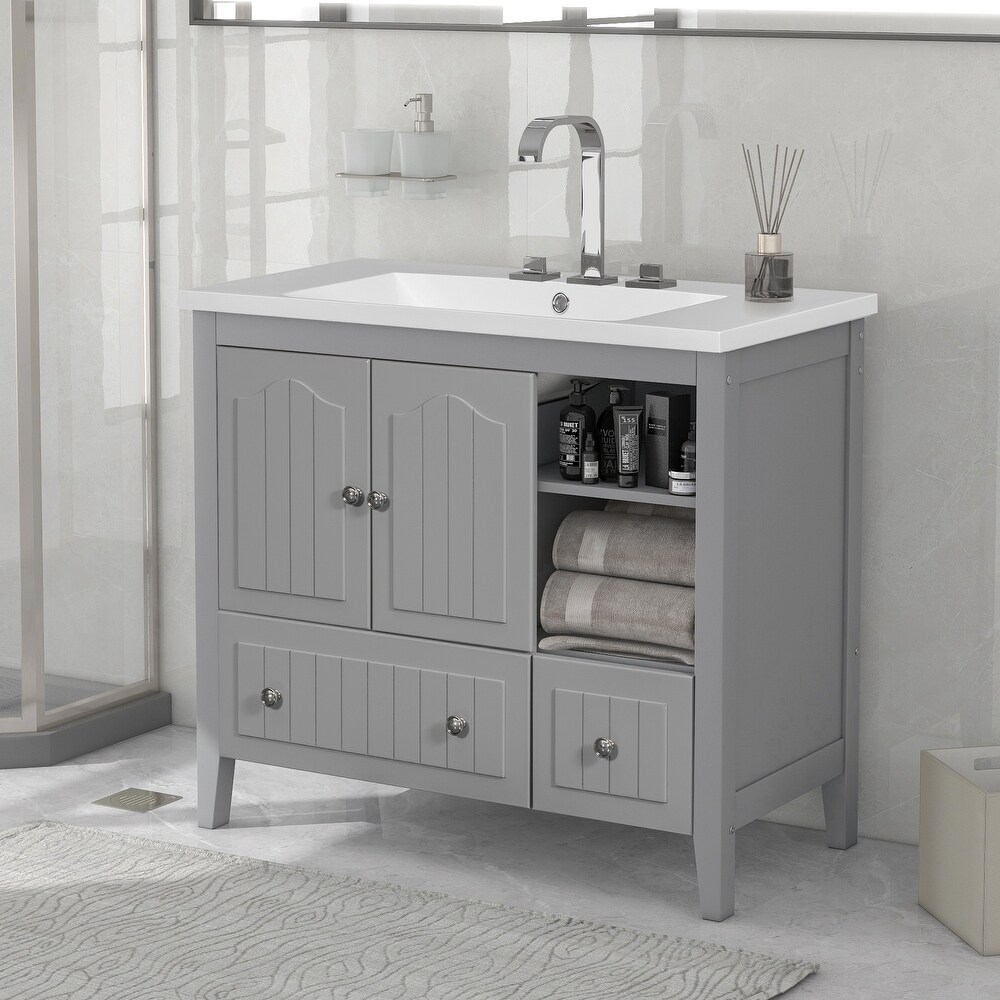 Grey Multiple Bathroom Vanity with Ceramic Basin Freestanding Cabinet