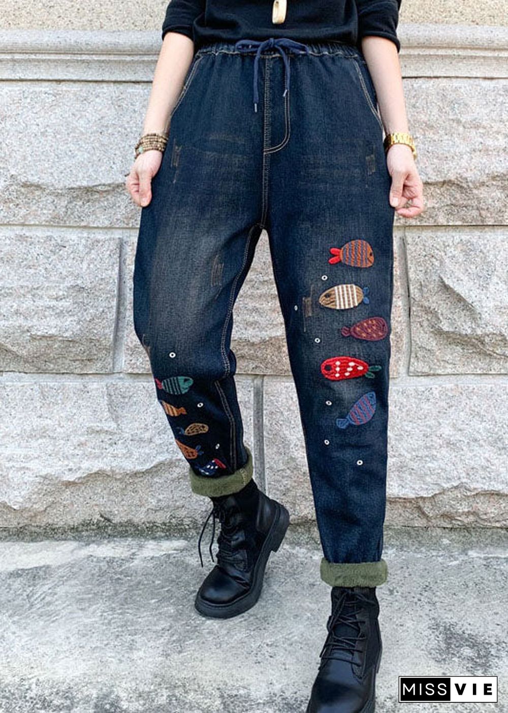 Boho Blue Embroideried elastic waist denim Pants Winter