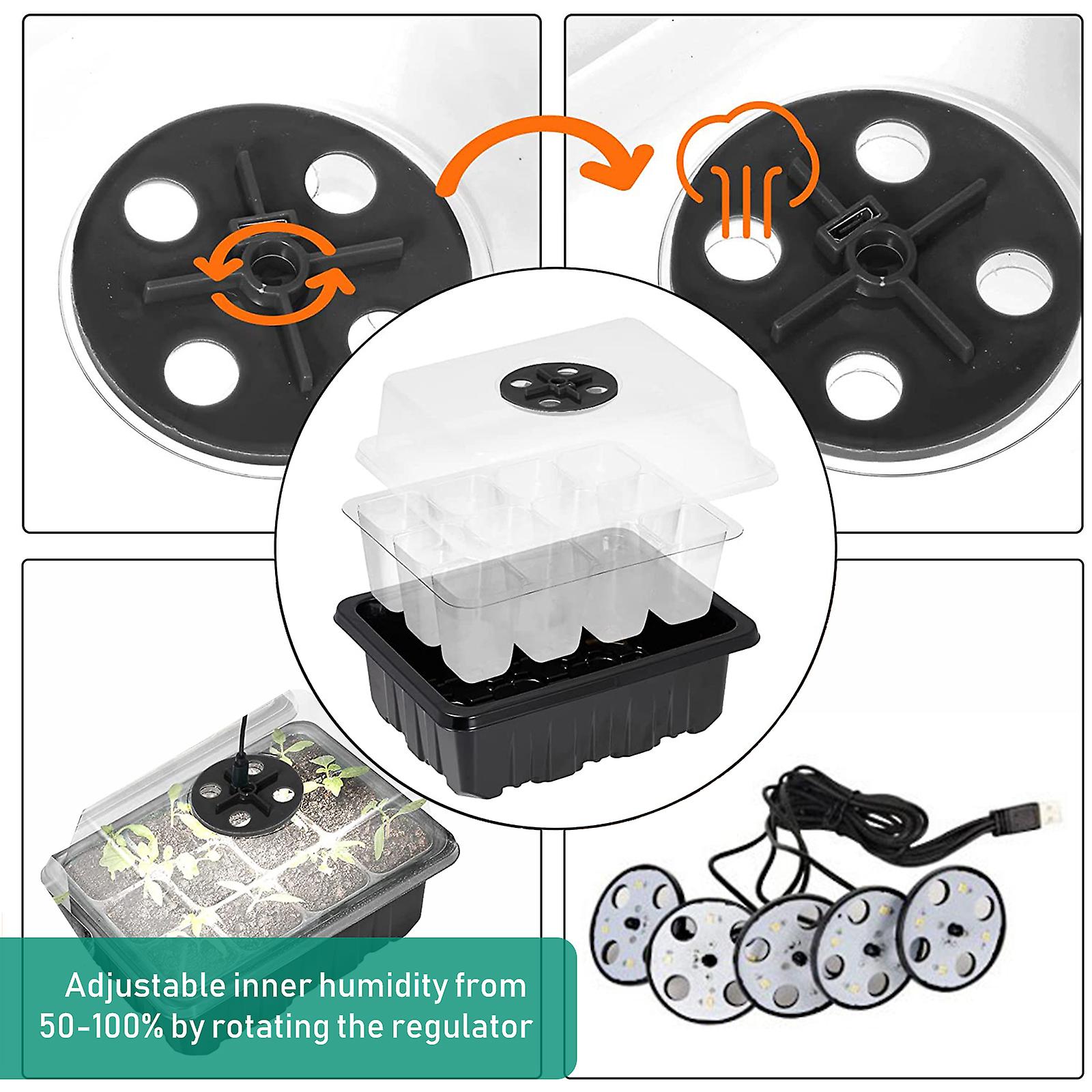 5pcs Plant Seed Starter Tray With Grow Lights For Planting Seeds 60 Seedling Cells Organic Plant Starter Kit With 5 Labels 2 Transplanting Tool Black