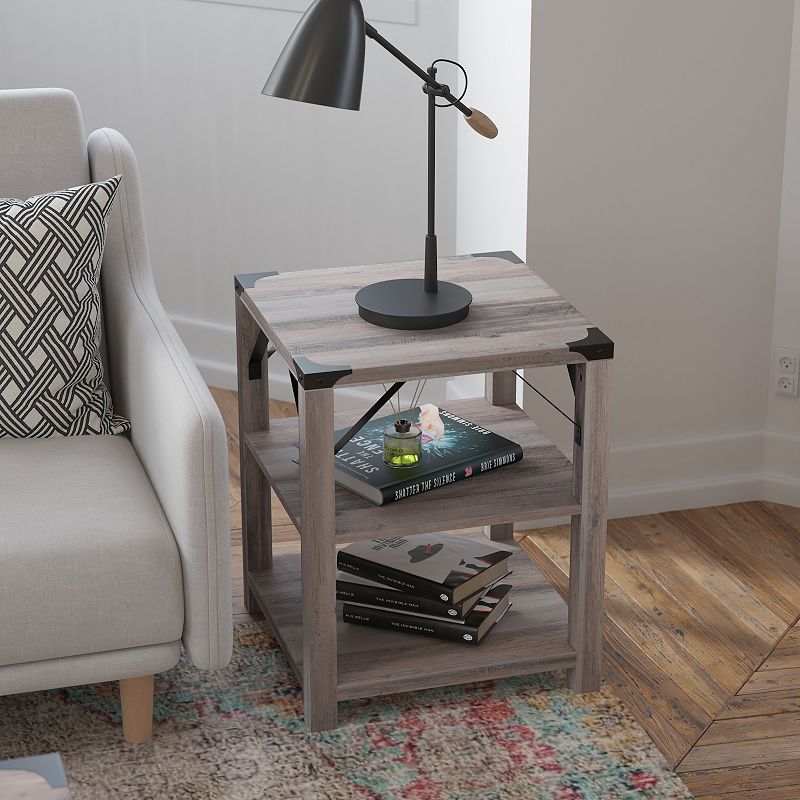 Flash Furniture Wyatt Modern Farmhouse Wooden 3-Tier End Table with Black Metal Accents