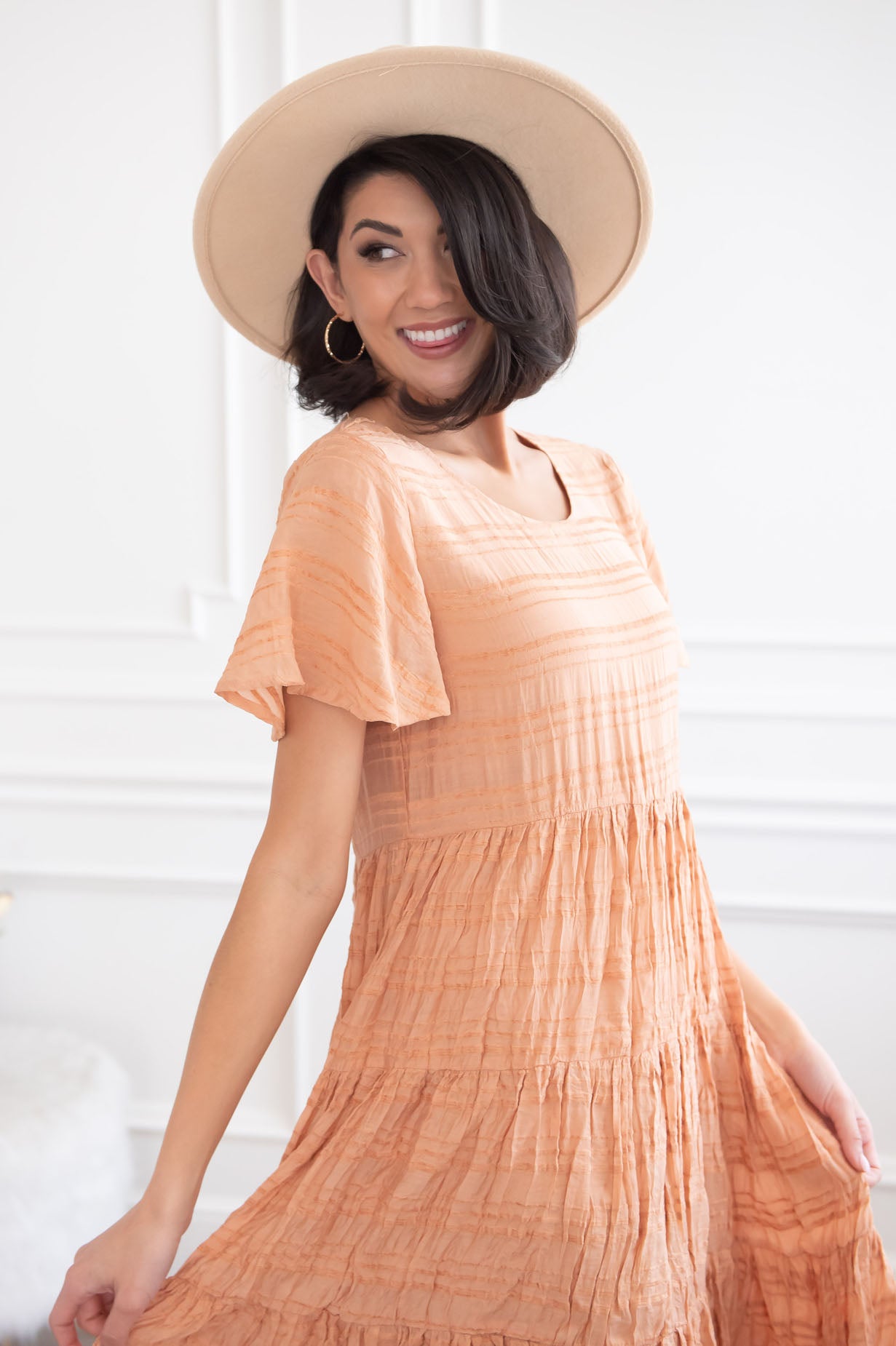 Short Sleeve Midi Dress-Apricot