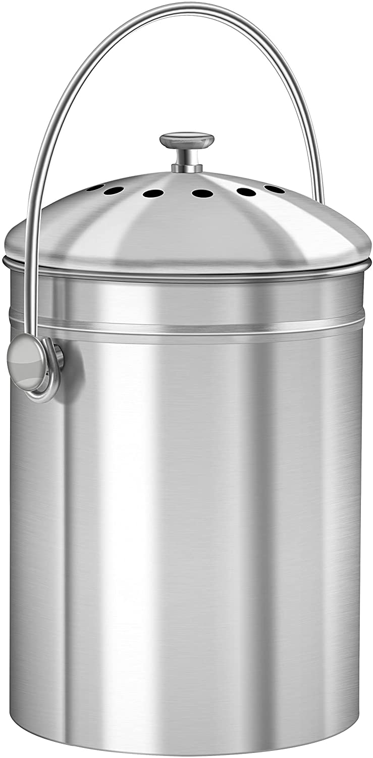 Golden HomeKitchen Set of 2 Stainless Steel Compost Bins for Kitchen Countertop - 1 and 1.3 Gallon Compost Bucket Set with Lids