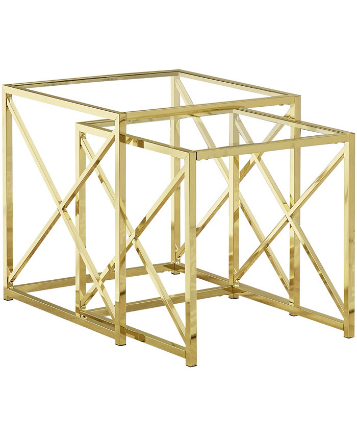 Monarch Specialties Tempered Glass 2 Pcs Set Nesting Table in Gold