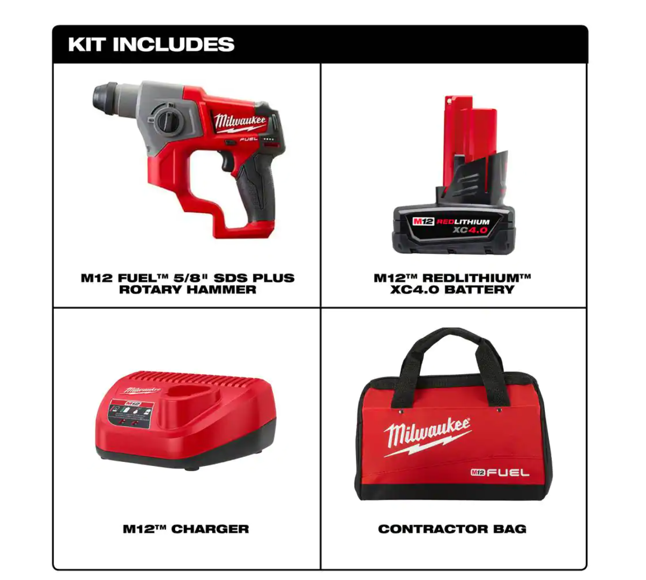 Milwaukee 2416-21XC M12 FUEL 12V Lithium-Ion Brushless Cordless 5/8 in. SDS-Plus Rotary Hammer Kit with One 4.0Ah Battery and Bag