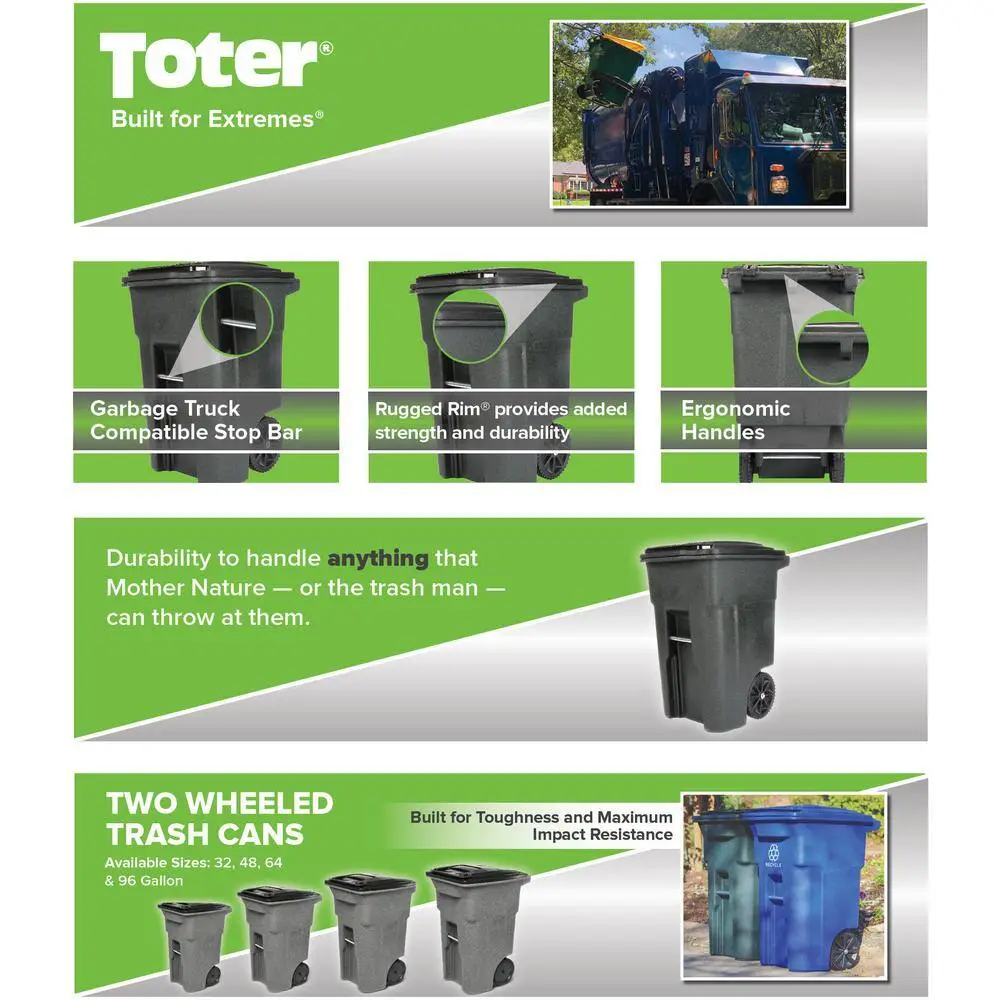 Toter 48 Gallon Black Rolling Outdoor GarbageTrash Can with Wheels and Attached Lid 79248-R2200