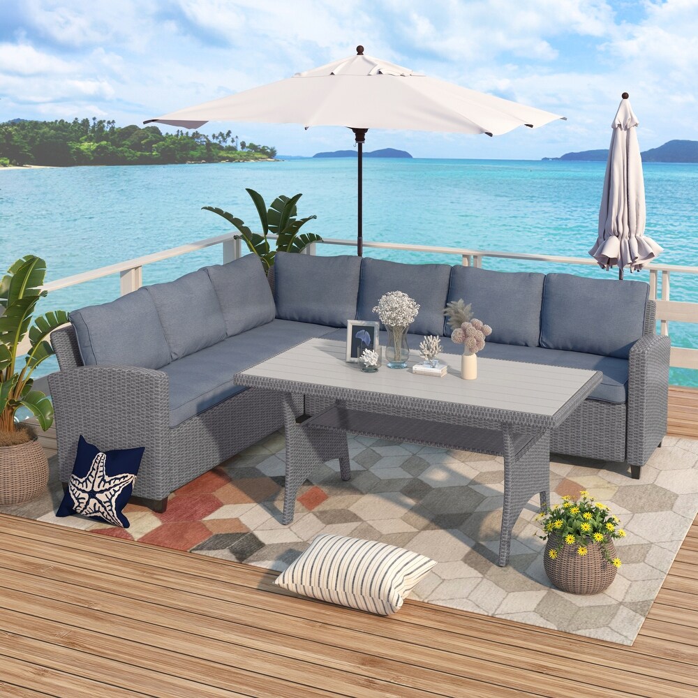 Outdoor Furniture PE Rattan Wicker Conversation Set  Weather Sectional Sofa Set with Table   Soft Cushions