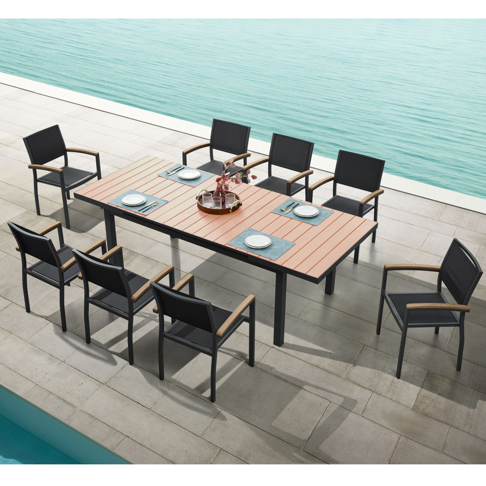 Carlo 8+1 pieces extendable Faux Wood Slats Outdoor Dining set for 8 person   Contemporary   Outdoor Lounge Sets   by HIGOLD Outdoor Furniture  Houzz