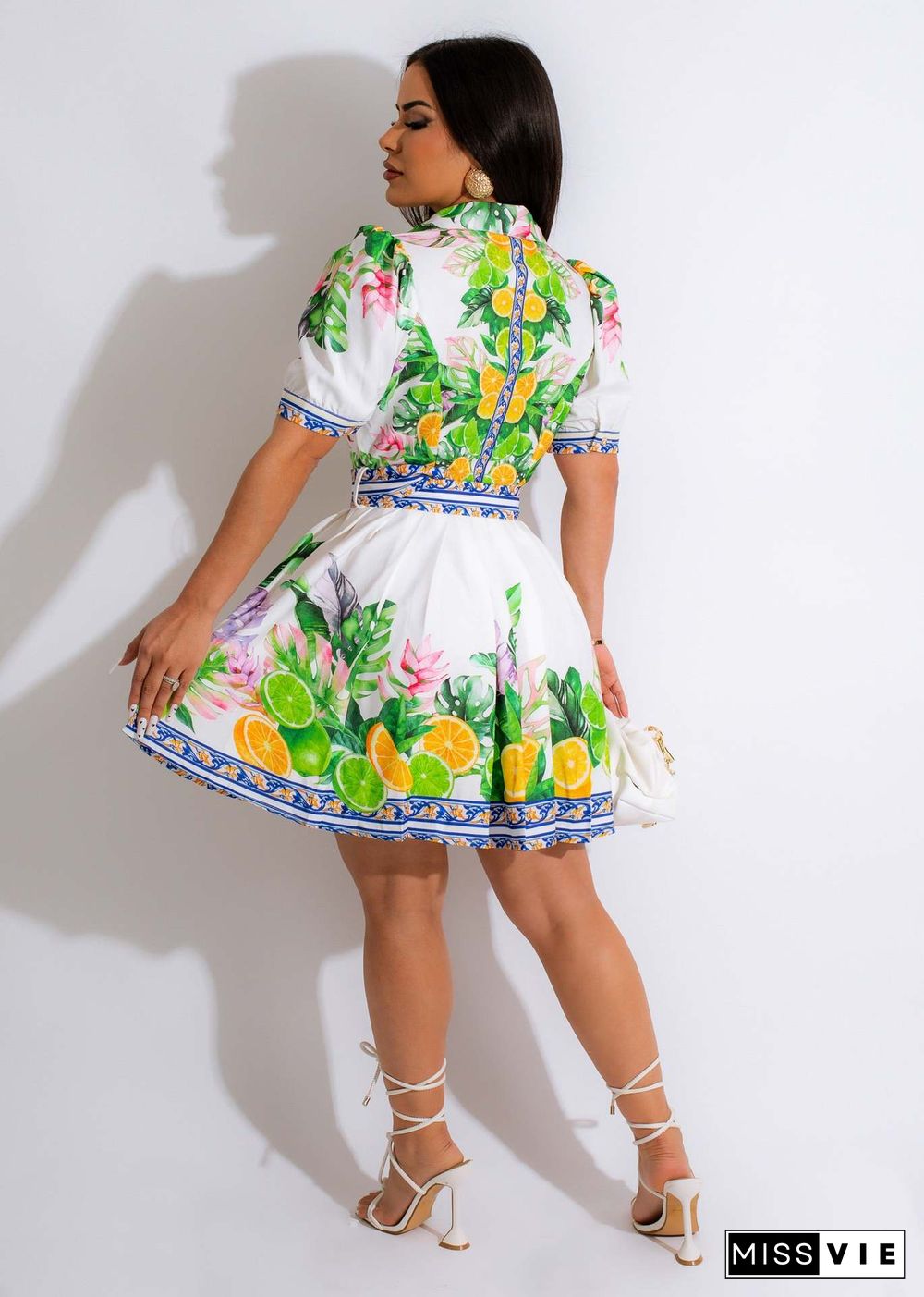 Turn Down Collar Floral Print Pleated Dresses