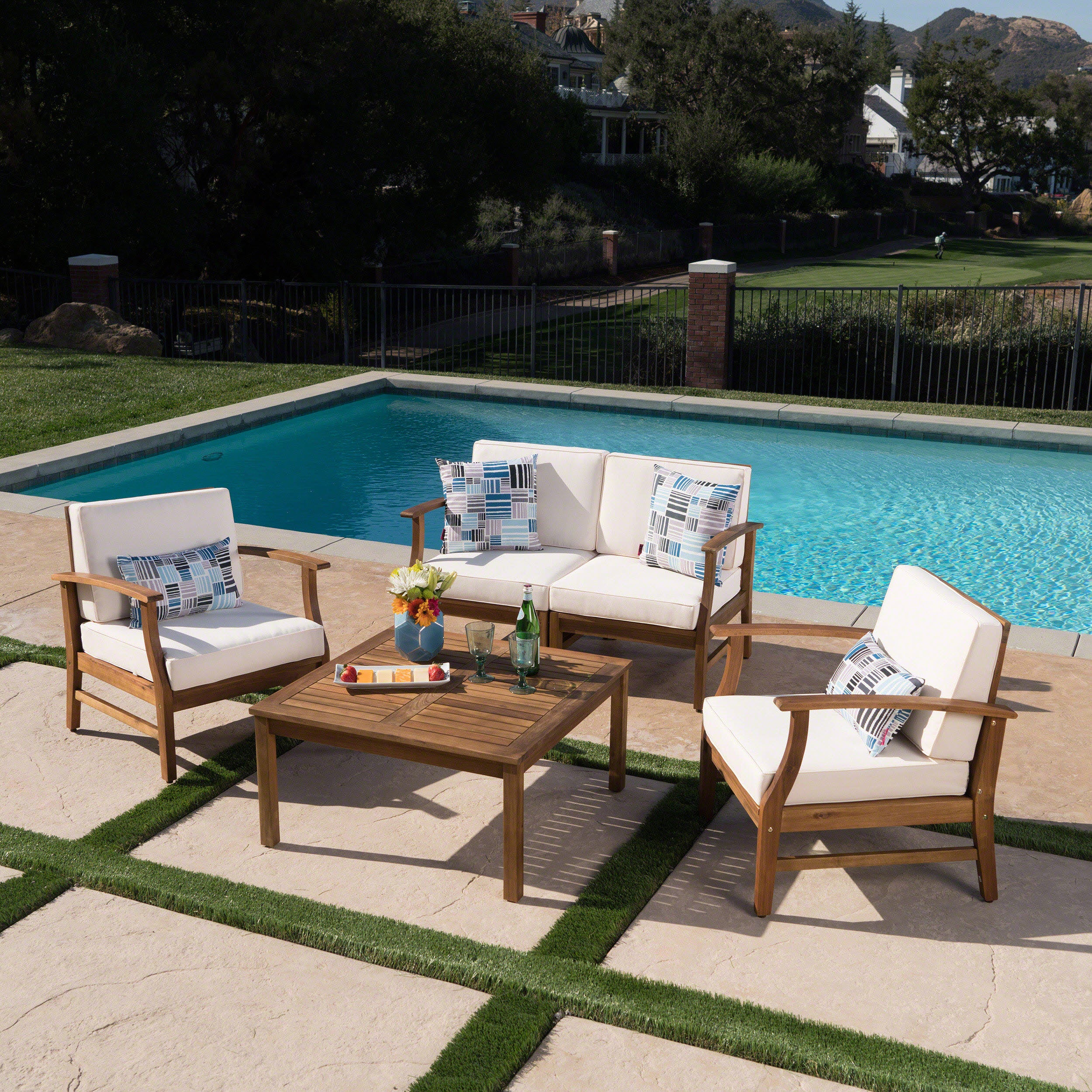 Lorelei Outdoor 4 Seat Teak Finished Acacia Wood Chat Set with Water Resistant Cushions