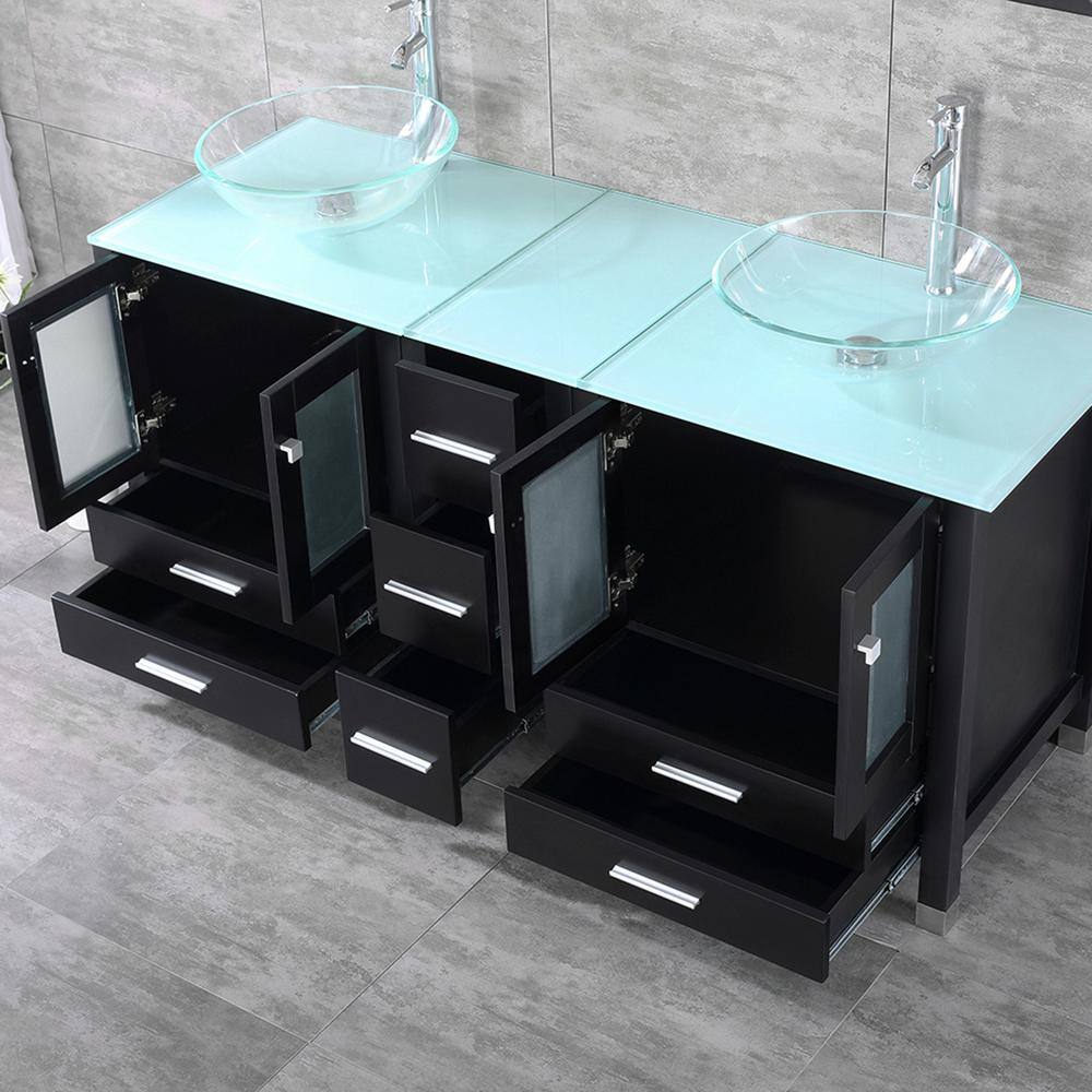 walsport 60 in. W x 21.5 in. D x 61 in. H Double Sinks Bath Vanity in Black with Glass Top and Mirror 2*USBR4181+USBR4182+2*USBR4075