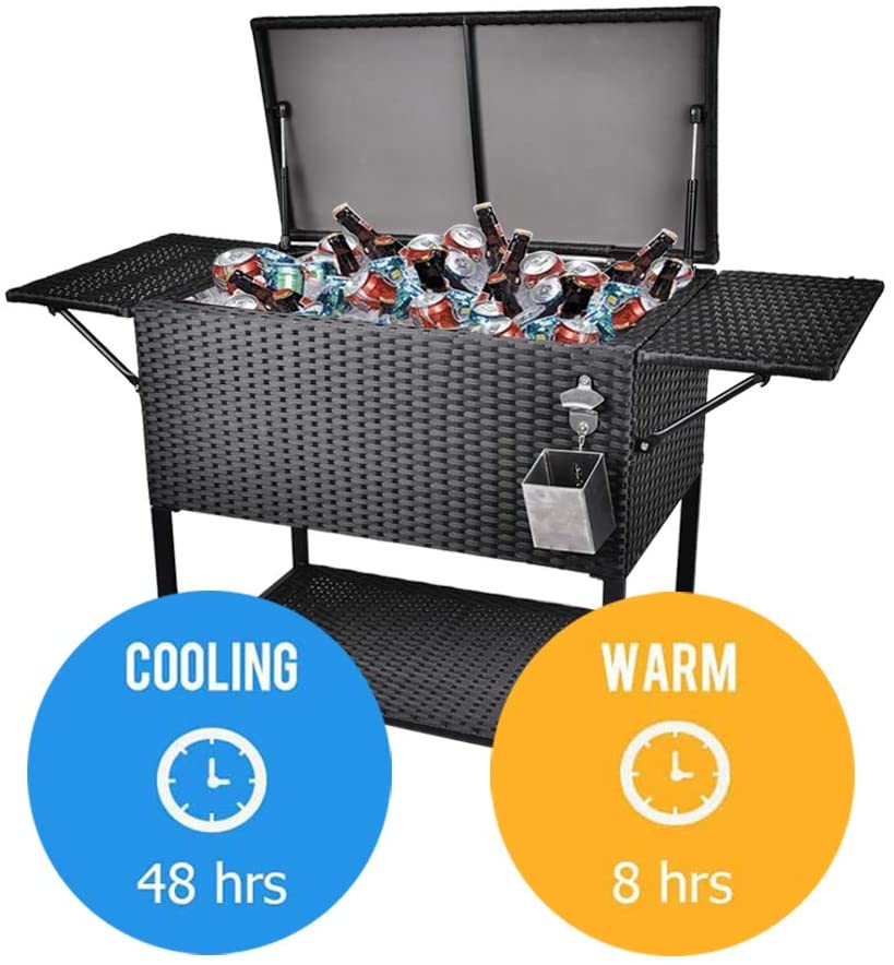 80 Quart Rattan Rolling Cooler Cart, Portable Wicker Cooler Trolley, Backyard Party Drink Beverage Bar