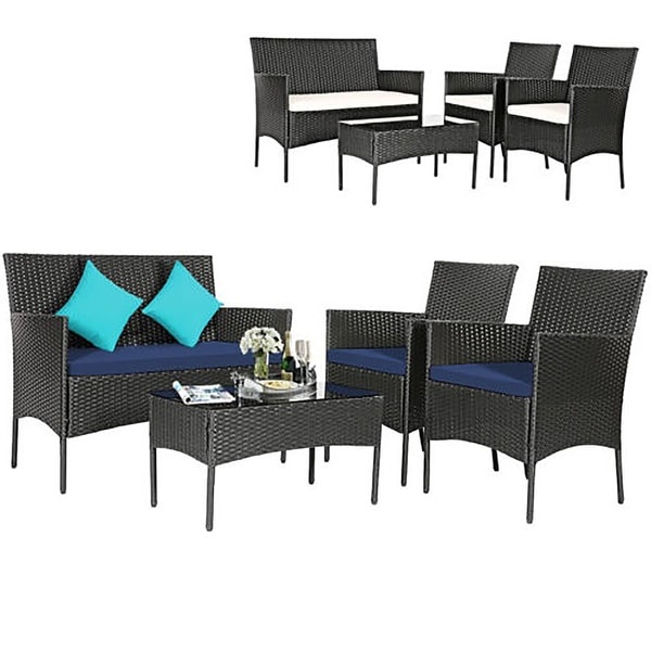 Gymax 4PCS Outdoor Furniture Set Patio Rattan Conversation Set w/ Navy