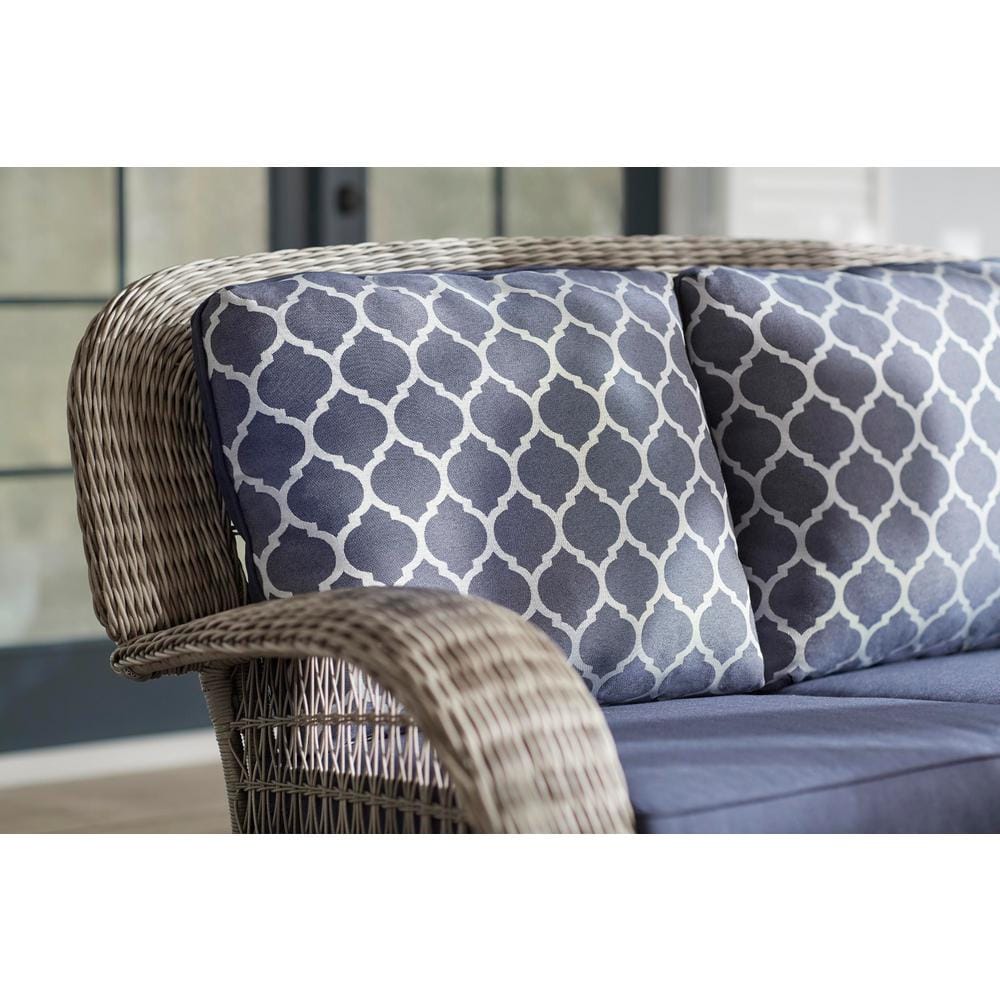 Hampton Bay Beacon Park Gray Wicker Outdoor Patio Loveseat with Standard Midnight Trellis Navy Blue Cushions FRS80812CL-G