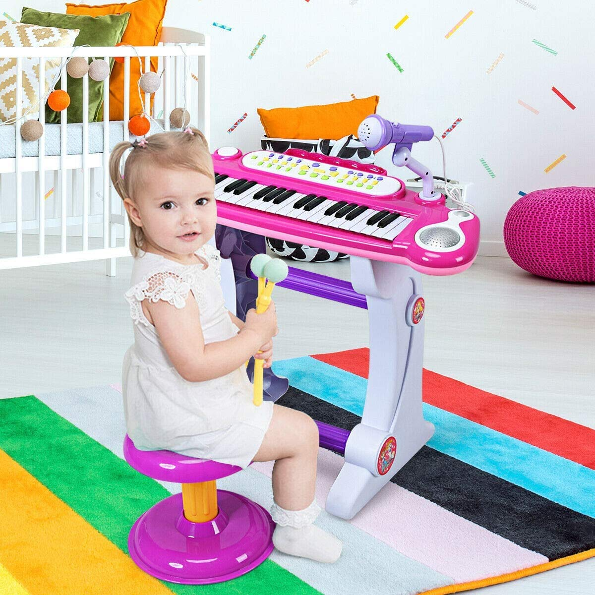 Costzon Electronic Keyboard 37-Key Piano, Musical Piano w/Record and Playback for Kids, Working Microphone & Stool