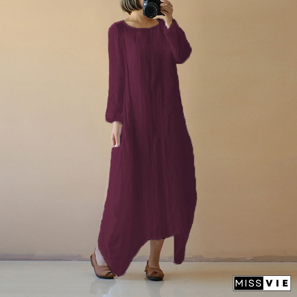 Ladies Fashion Cotton Linen Dress Women Casual Loose Long Sleeve Tunic Kaftan Vestidos Dresses Plus Size S-5Xl