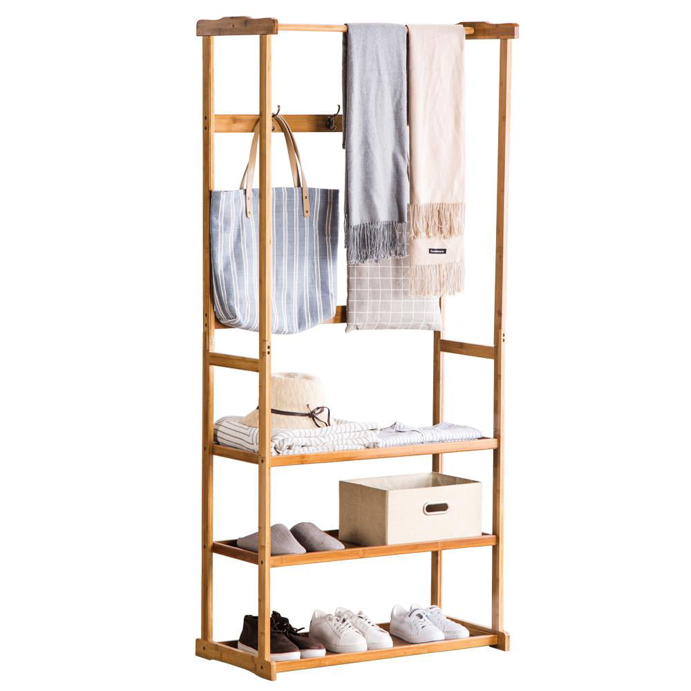 UBesGoo Bamboo Clothing Garment Rack, 70" Freestanding Closet Storage Organizer Portable Closet Wardrobe with Hanging Clothes Rod & 3 Storage Shelves for Bedroom Laundry Entryway Living Room, Natural