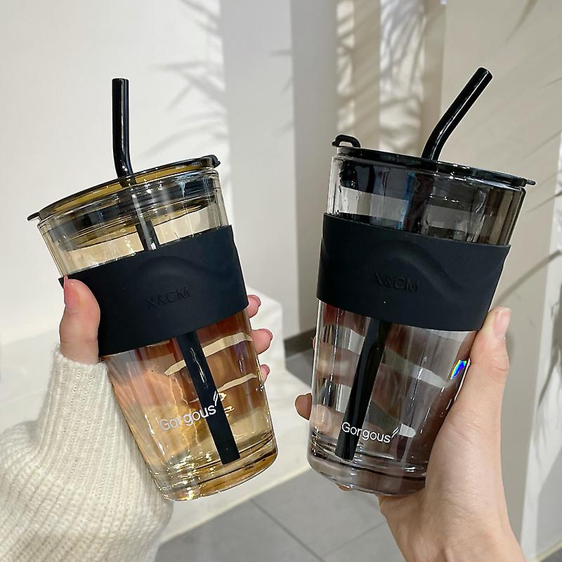 450ml Coffee Glass Cup Heat Resistant Coffee Mug Wine Glasses Portable Sealed Water Button With Straws Milk Tea Travel Cup Gift