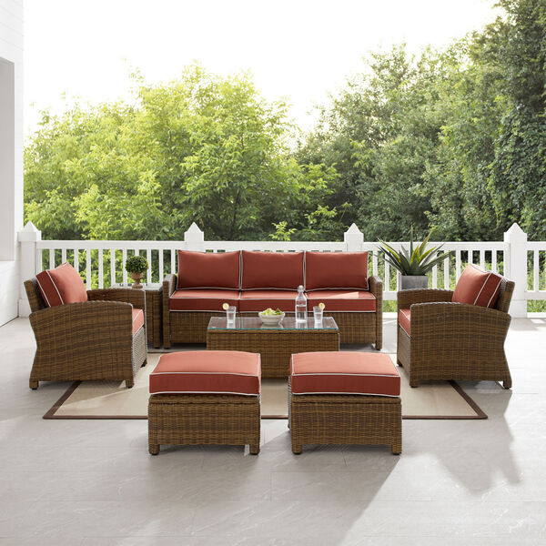 Bradenton Weathered Brown and Sangria Outdoor Wicker Sofa Set， 7-Piece