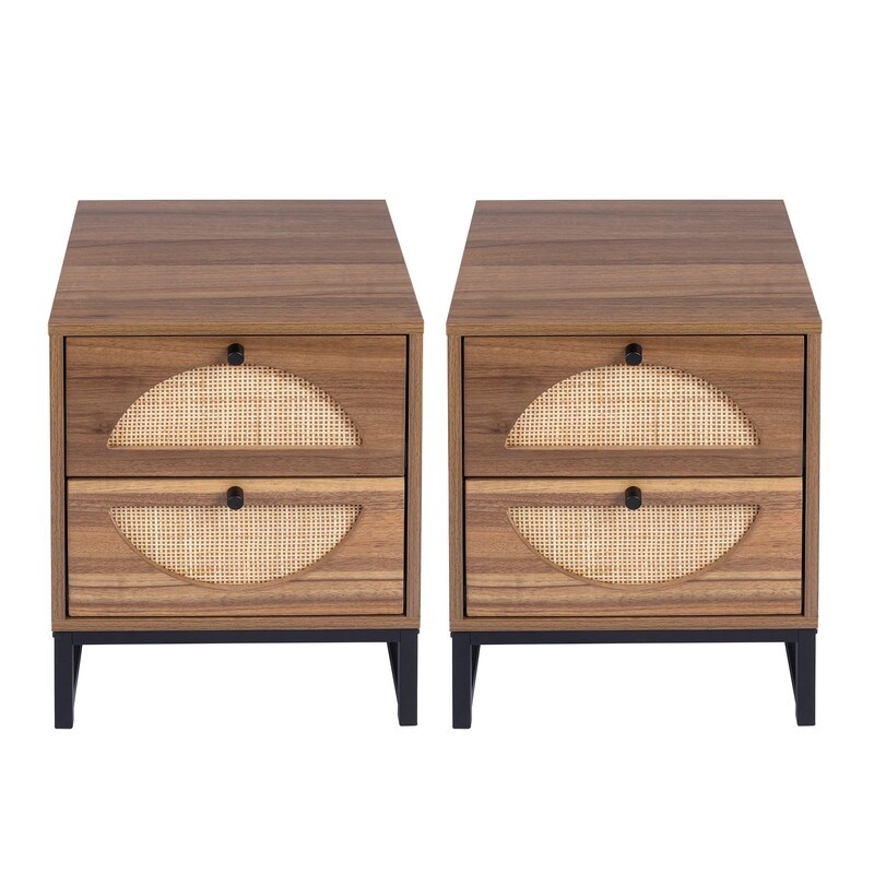 Rattan Design Nightstand with 2 Drawers (Set of 2)