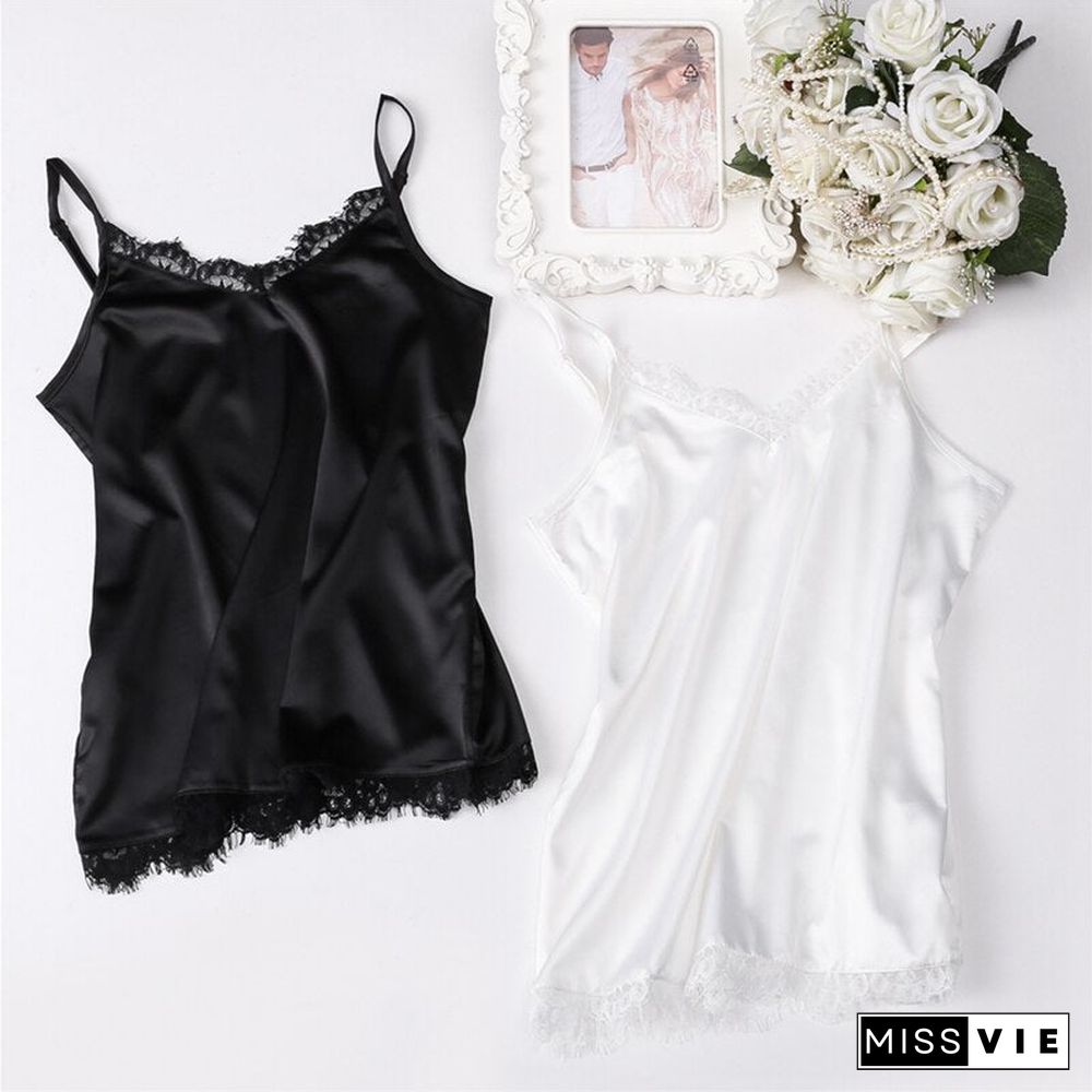 Summer Silk Tank Top Women Sexy V Neck Basic Tops Blusas Casual Womens Vest Lace Camisole Crop Tops Plus Size Female Shirt