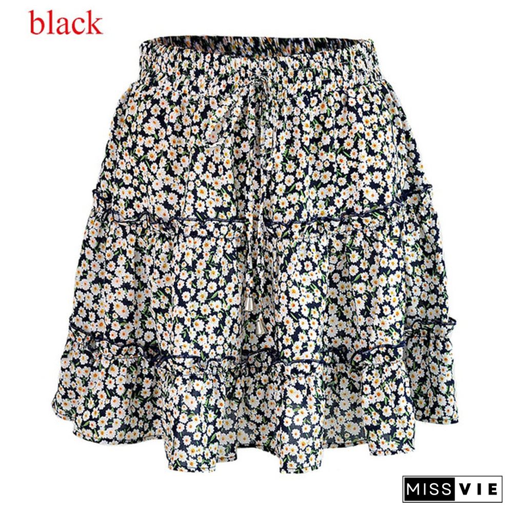 New Women Y2K Sweet Skirts Summer High Waist Falbala Floral Printing Skirts Beach Essential Womens Fashion Mini Skirt