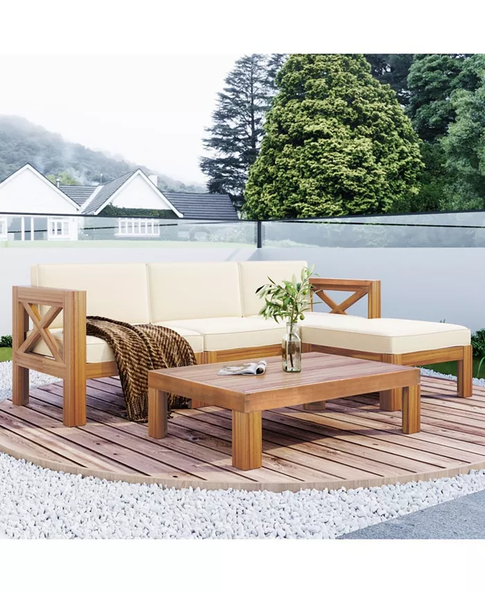 Simplie Fun Outdoor Backyard Patio Wood 5-Piece Sectional Sofa Seating Group Set with Cushions Natural Finish Beige Cushions