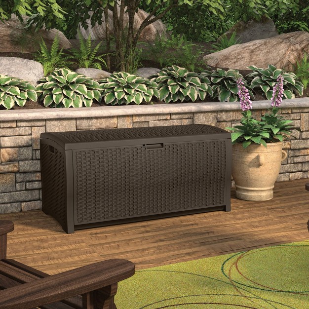 Deck Box Resin Wicker 99 Gallon Brown Suncast