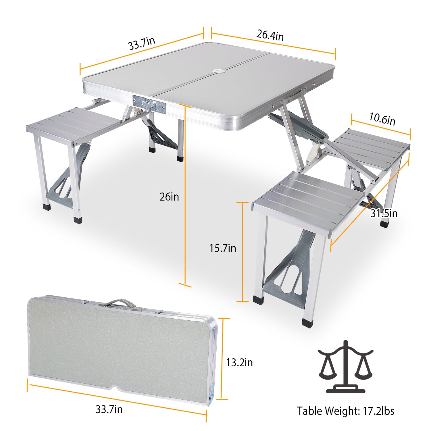 Folding Picnic Table with 4 Seats Umbrella Hole， iMountek Portable Aluminum Table for Camping Barbeque Outdoor，  33.7x26.4in