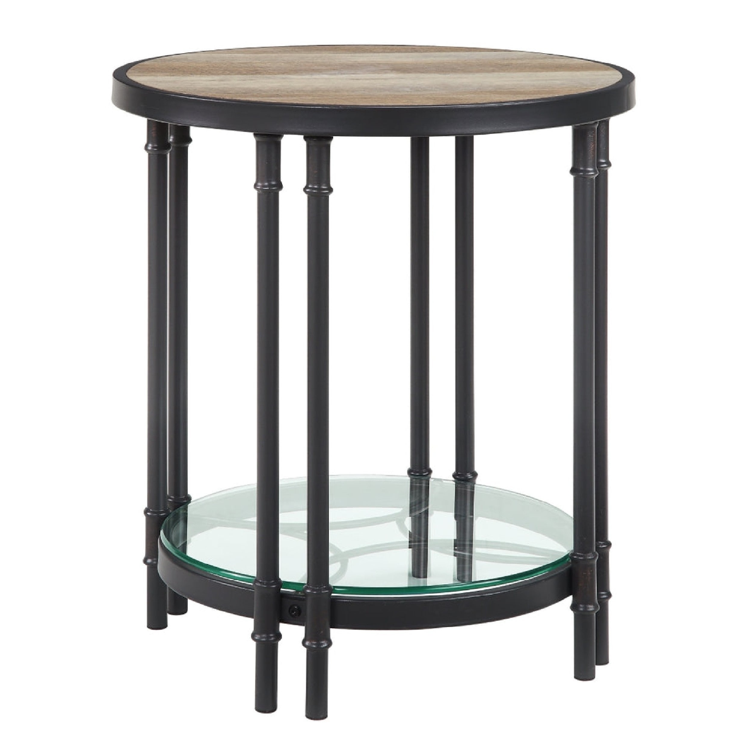 Ley 22 Inch Wood End Table， Industrial Design， Tempered Glass， Oak